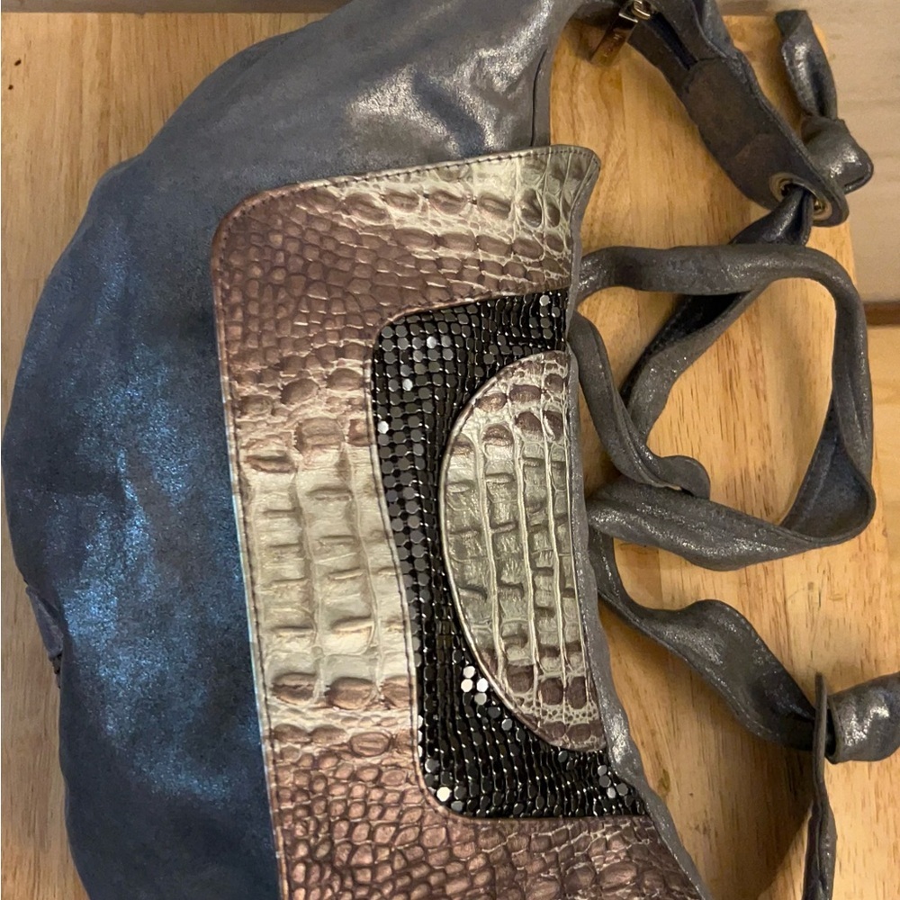 Treesje Metallic Leather Silver Croc-Texture Shoulder Bag with Sequin Trim - Picture 8 of 15